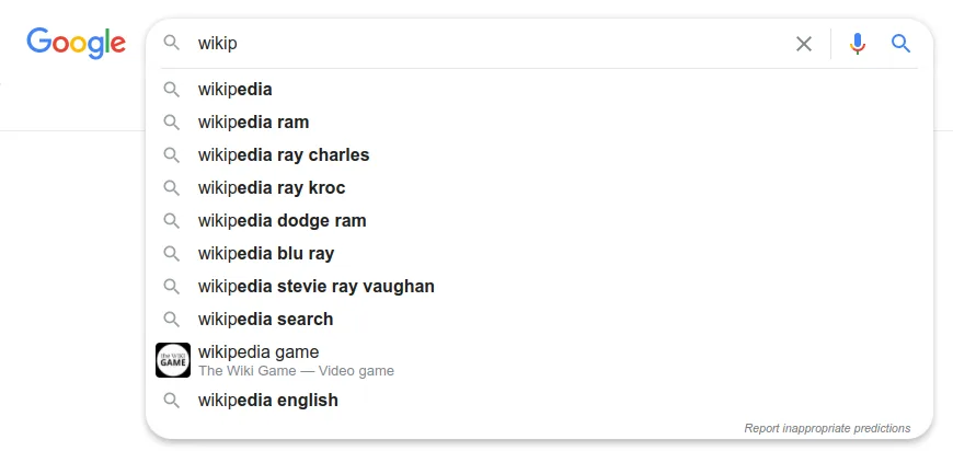 A screenshot of suggestions by Google Search when 