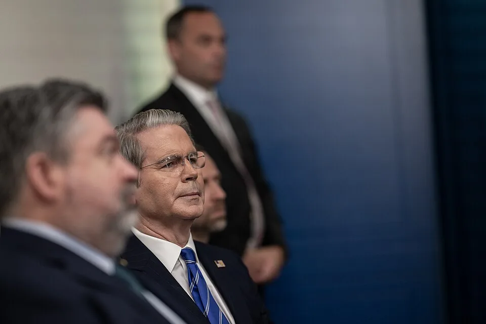 P20250627MR-0630 President Donald Trump holds a press conference with Attorney General Pam Bondi and Deputy Attorney General Todd Blanche in the James S. Brady Press Briefing Room