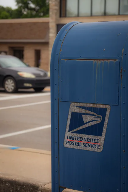 A classic blue USPS mailbox on a city street, symbolizing reliable postal service.