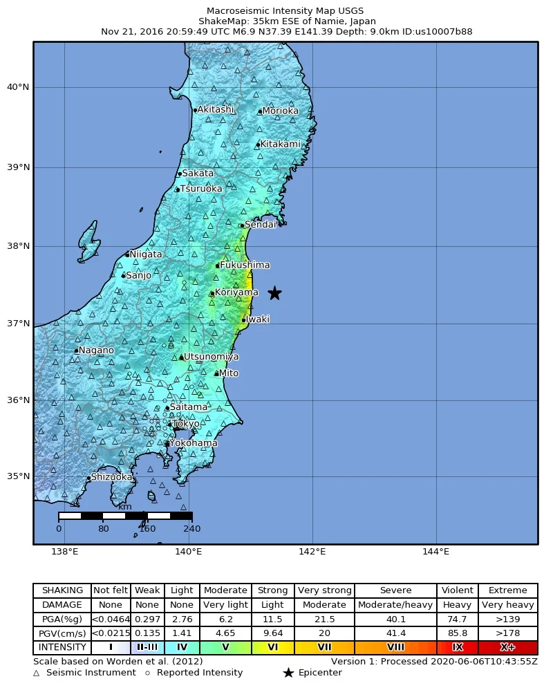2016 Fukushima earthquake intensity map