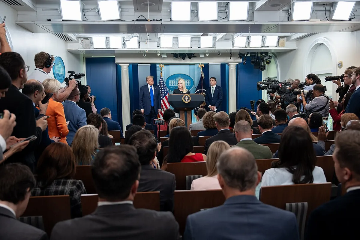 P20250627AM-0120 President Donald Trump holds a press conference with Attorney General Pam Bondi and Deputy Attorney General Todd Blanche in the James S. Brady Press Briefing Room