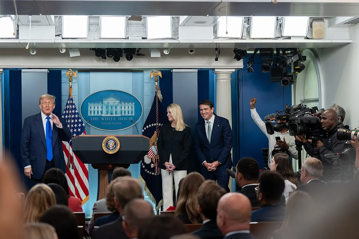 P20250627AM-0226 President Donald Trump holds a press conference with Attorney General Pam Bondi and Deputy Attorney General Todd Blanche in the James S. Brady Press Briefing Room
