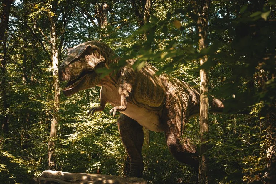 Lifelike Tyrannosaurus rex statue among trees, evoking a prehistoric jungle.