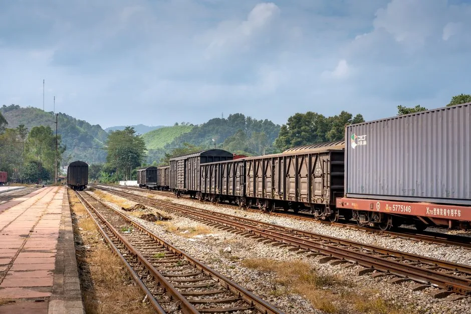 Freight train wagons parked at a rural railway station amidst lush greenery.