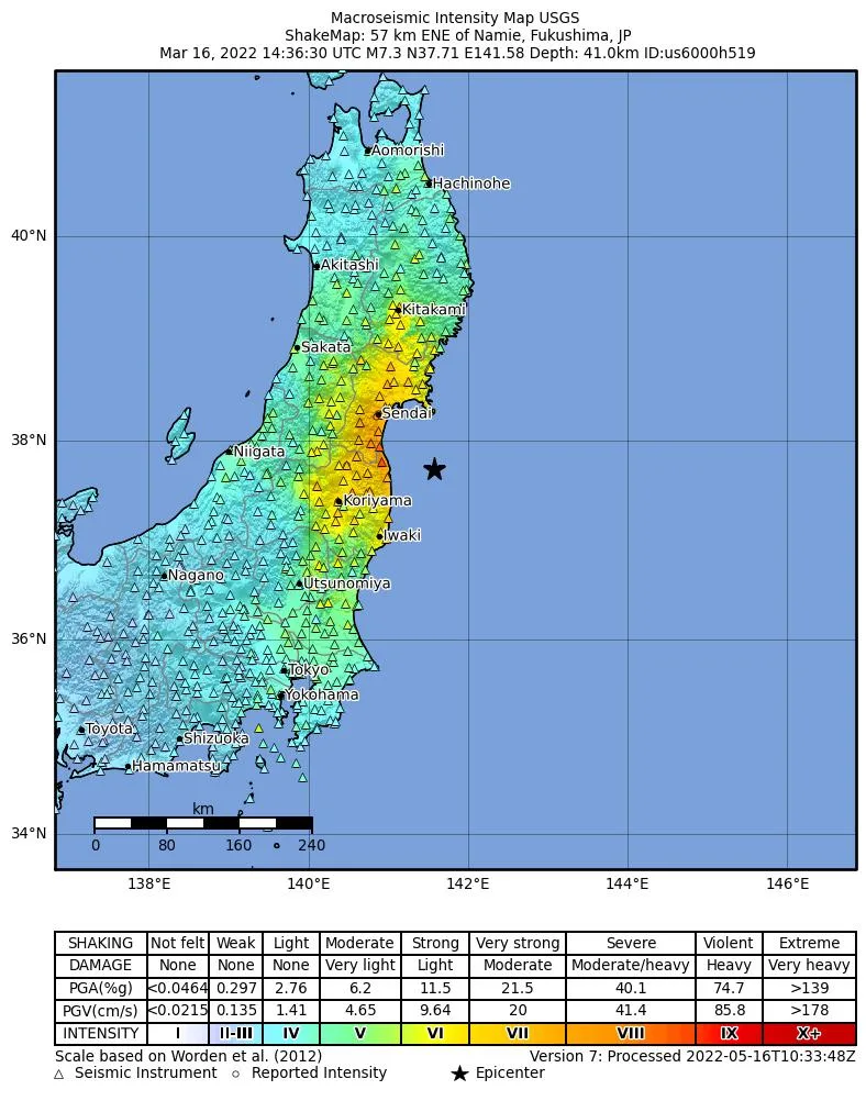 2022-03-16 Namie, Japan M7.3 earthquake shakemap (USGS)