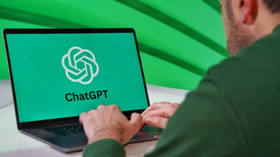 Person typing on a laptop displaying ChatGPT logo with a green vibrant setting.
