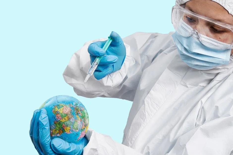 Healthcare worker in PPE symbolically vaccinating the world against COVID-19.