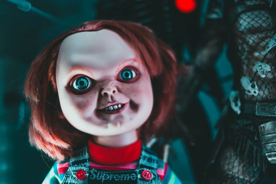 Creative design of doll with horrible face and red hair representing killer character on blurred background