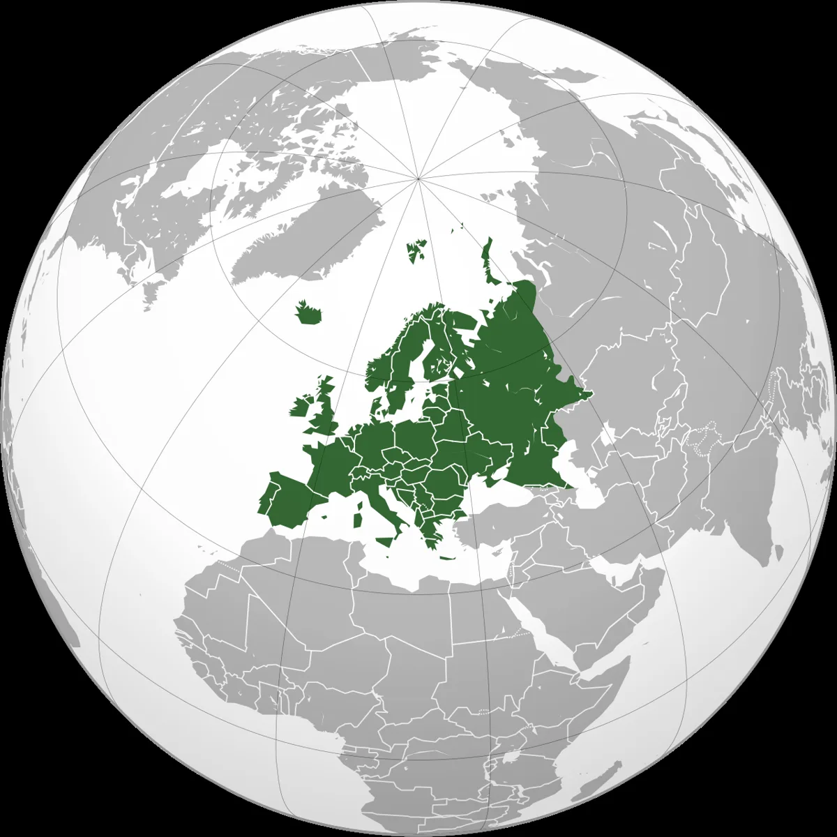 Europe orthographic Caucasus Urals boundary (with borders)