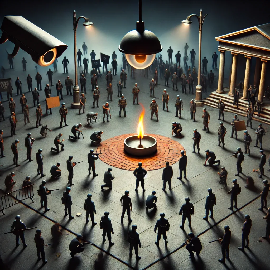 DALL·E 2024-12-15 05.12.47 - A symbolic depiction of a controlled society where protests and activism are restricted. The scene shows a public square under heavy surveillance with