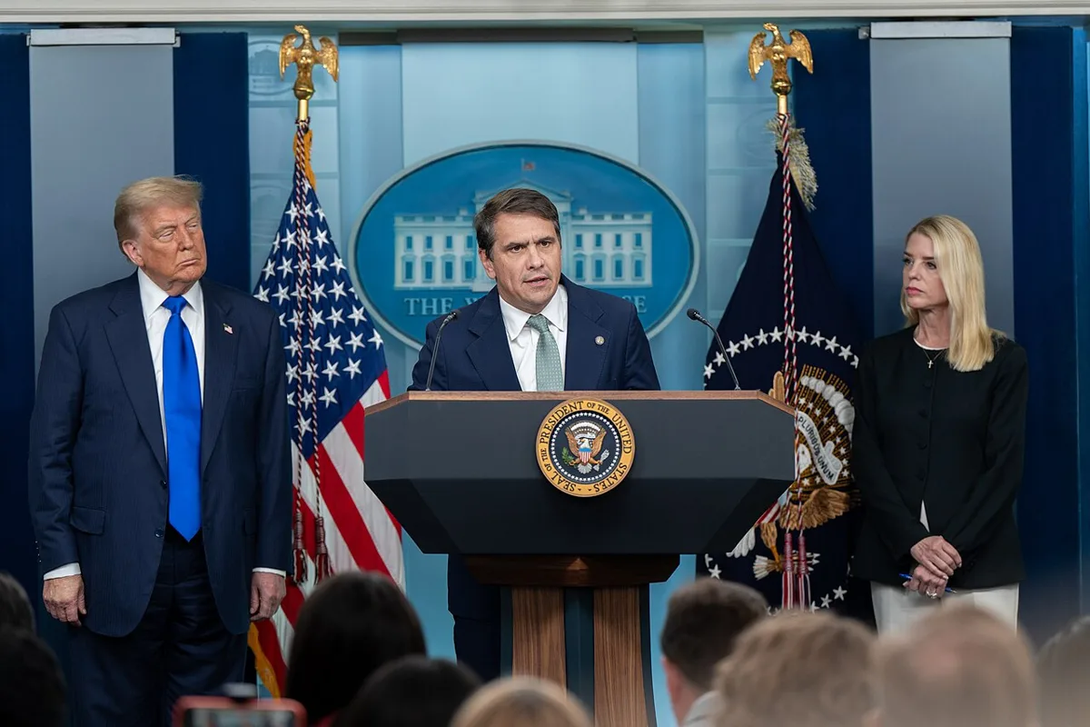 P20250627AM-0141 President Donald Trump holds a press conference with Attorney General Pam Bondi and Deputy Attorney General Todd Blanche in the James S. Brady Press Briefing Room