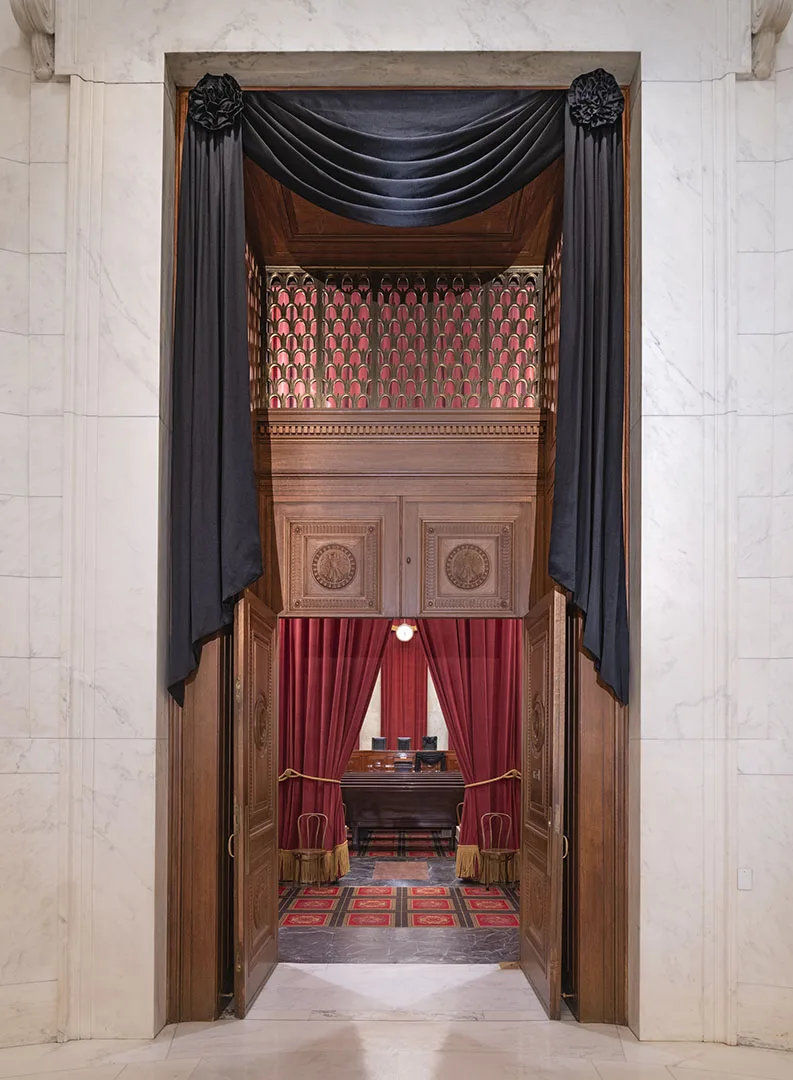 Courtroom doors of Supreme Court draped in black for the death of Associate Justice Ruth Bader Ginsburg, September 2020