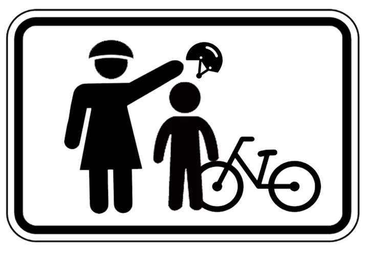 Mother Puts Helmet on Child with Bicycle - Framed Bike Safety Sign