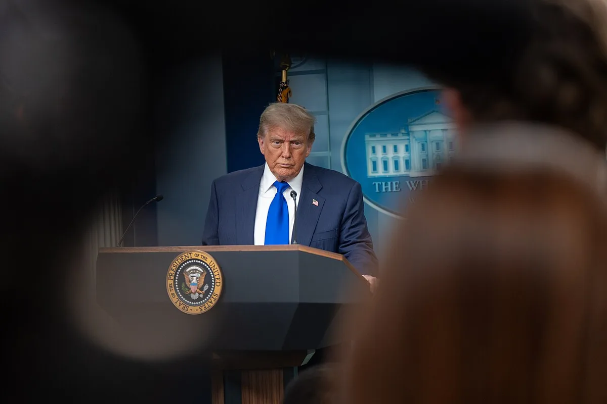 P20250627AM-0510 President Donald Trump holds a press conference with Attorney General Pam Bondi and Deputy Attorney General Todd Blanche in the James S. Brady Press Briefing Room