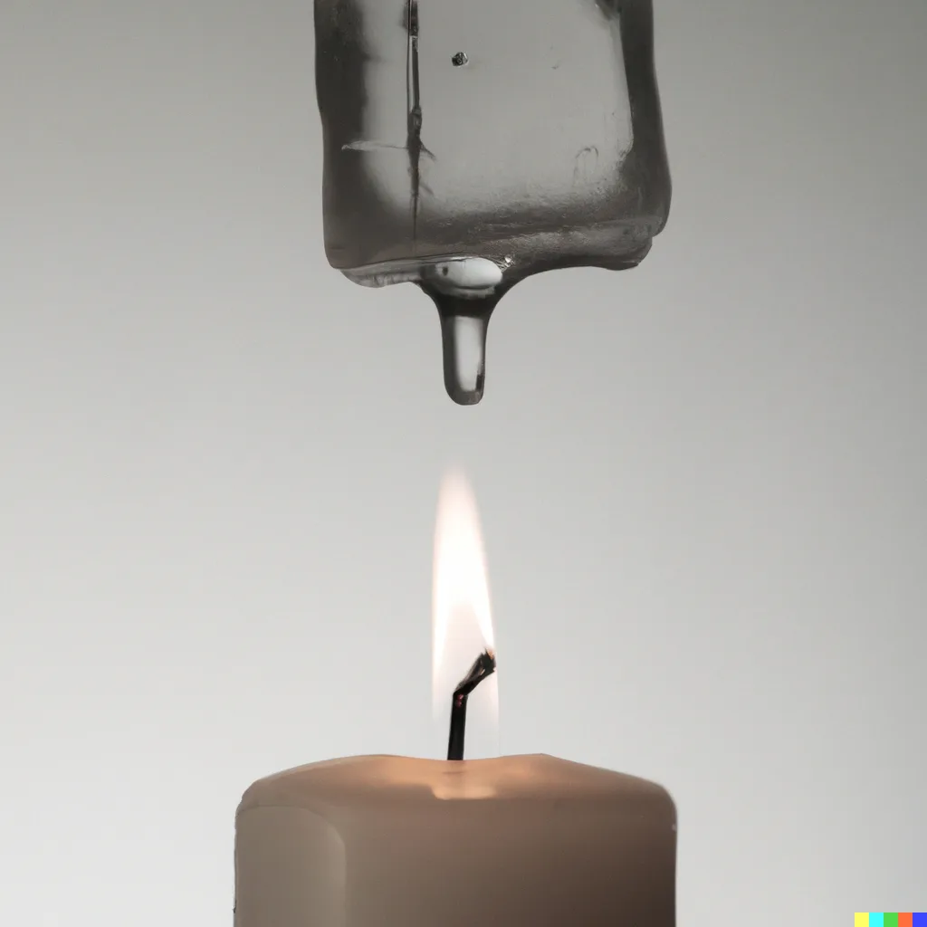 DALL·E 2022-07-29 09.56.32 - photograph of an ice cube hanging from a wire. Below, a candle. The ice cube lets a drop of water drip onto the candle
