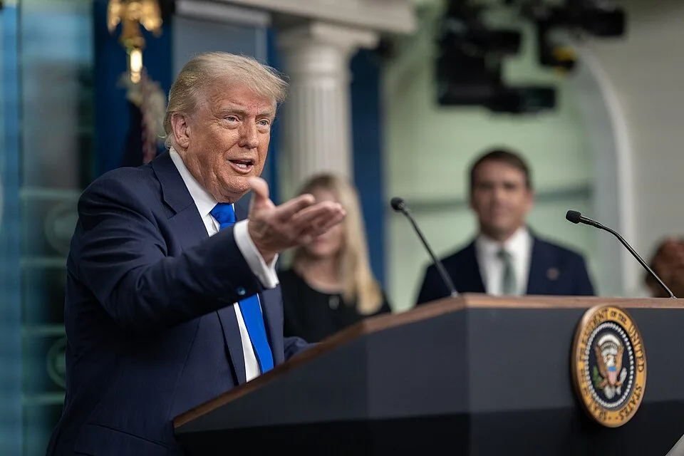 P20250627MR-0695 President Donald Trump holds a press conference with Attorney General Pam Bondi and Deputy Attorney General Todd Blanche in the James S. Brady Press Briefing Room